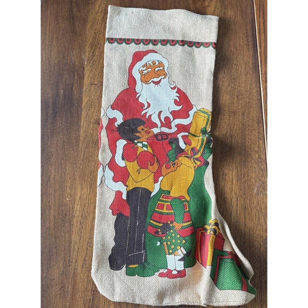 Christmas Stocking Santa Claus Gift Kids Ivory Red Green Burlap